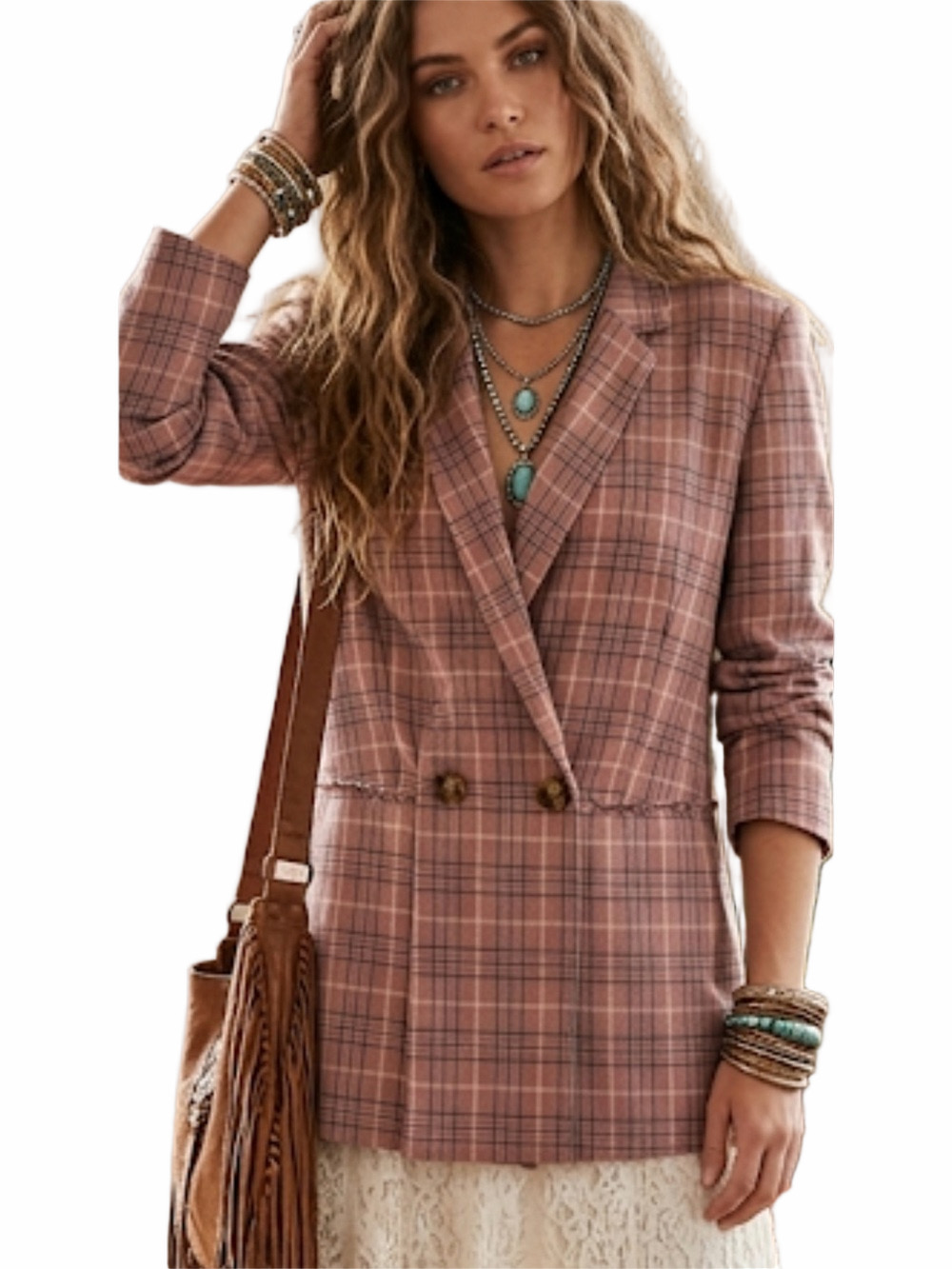 Nic & Jo Double-Breasted Pink & Brown Windowpane Cotton-Blend Blazer | Small
